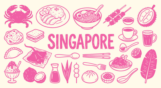 Singapore foods Icon Set. Singaporean Food. A hand drawn vector collection of chili crab, chicken rice, satay, durian and traditional dishes for an Asian restaurant menu and travel brochure.