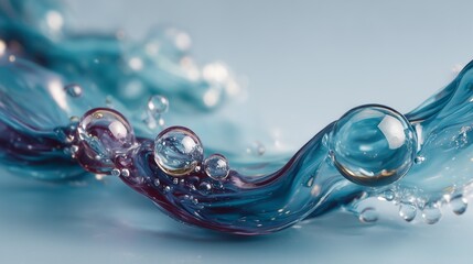 Crystal clear blue liquid flow with tiny air bubbles, liquid abstract background