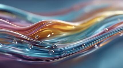 Iridescent multicolored liquid streams flowing horizontally, liquid abstract background