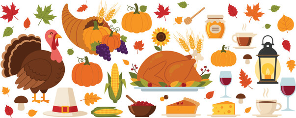 Thanksgiving Autumn Harvest Illustration with Turkey, Pumpkins, Cornucopia, Seasonal Food, Falling Leaves, and Cozy Holiday Elements Vector Design