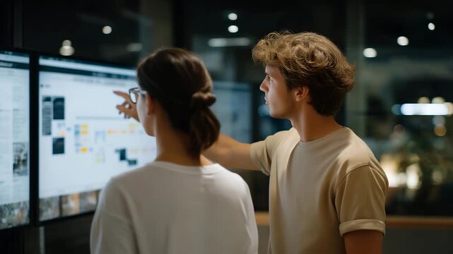 A scalable app development meeting where UX designers and engineers discuss feature expansion over a digital roadmap displayed on large screens &mdash; software planning, modular design, and high-growth