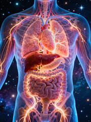 3D medical illustration of human internal organs with glowing circulatory and nervous systems. Detailed lungs, heart, liver, and intestines on space background.