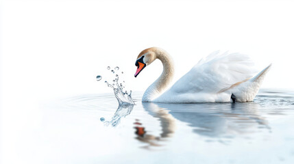 Fototapeta premium Graceful swan glides across serene water surface, creating ripples and splashes as it interacts with water, evoking tranquility and beauty