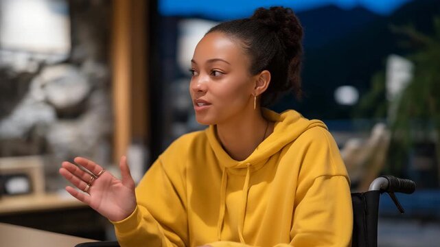 A wheelchair user participating in a community meeting at a roundtable, gesturing while speaking confidently &mdash; civic engagement, inclusive leadership, and accessible public spaces. cinematic color