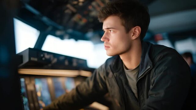 An avionics specialist inside the cockpit running diagnostics on instrument panels, monitoring sensors, flight-control systems, and electronic displays &mdash; aircraft electronics inspection, cockpit