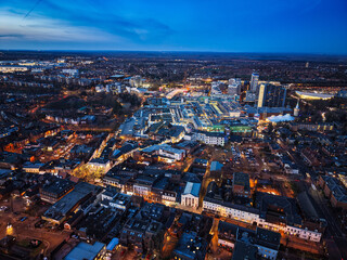 Elevated twilight capture of Basingstoke's town centre with commercial and residential areas