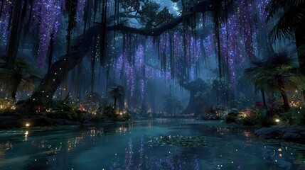Fototapeta premium Enchanted Night in a Mystical Forest with Glowing Lights and Water