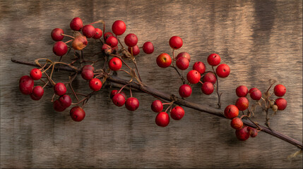Fresh red hawthorn berries on branch with wooden rustic background.