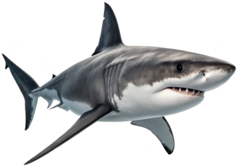 A realistically rendered, grey and white Great White Shark, exhibiting a sleek, muscular body and sharp, prominent teeth, swims dynamically with its pectoral, isolated on transparent background.