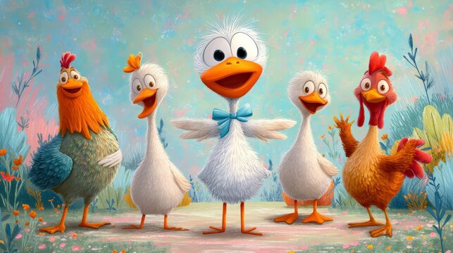 White Gosling with Blue Bow Standing Proudly in Center Cute Baby Goose Portrait