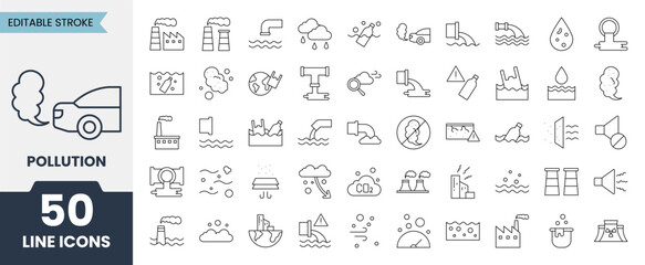 Fototapeta premium Pollution line icons set with editable stroke. Contains icons related to&nbsp;gas, toxic, water pollution, trash, industrial pollution and more. Vector illustration
