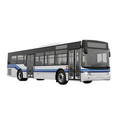 A large white and blue passenger bus on a black background