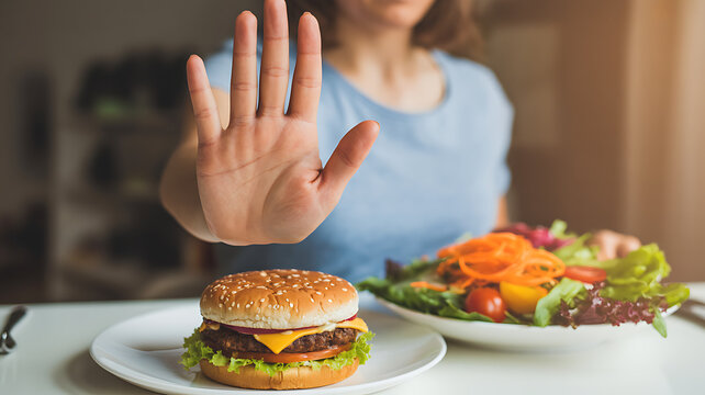 woman saying stop to a hamburger and yes to a salad boul 