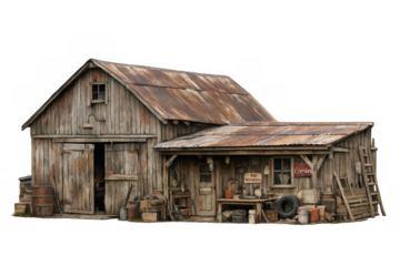 Old wooden rustic shed with rusty tin roof, derelict rural barn building standing in vintage farm setting