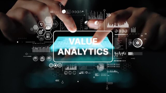 Hands Interacting with Touchscreen Device Displaying Value Analytics in a High-Tech Environment. Asymptotic smart data analytic.