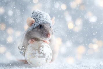 Rat with winter hat holding holiday ornament against blurred background