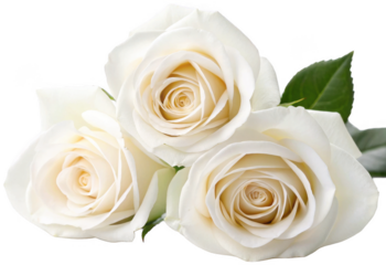Delicate, creamy white roses with softly spiraling petals and velvety texture are artfully arranged in a close-up composition, illuminated by soft, diffused, isolated on transparent background.