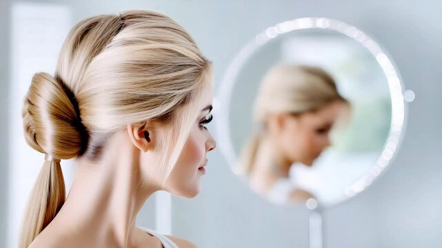 Young woman with blonde hair looking in mirror in modern bathroom  