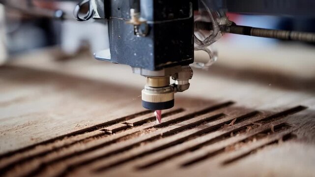 Medium shot of hybrid lasermechanical engraving creating a shallow etched pattern on a wooden surface highlighting precise depth control and fine detail work.