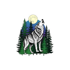 Wolf howling at the moon in a forest