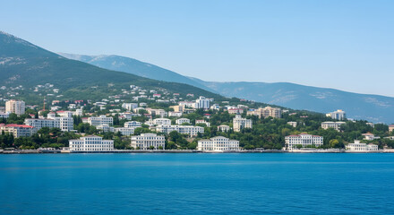 Fototapeta premium Coastal city panorama nestled on green hills overlooking the dee