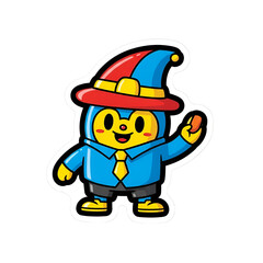 A cheerful cartoon character in a blue outfit and colorful hat