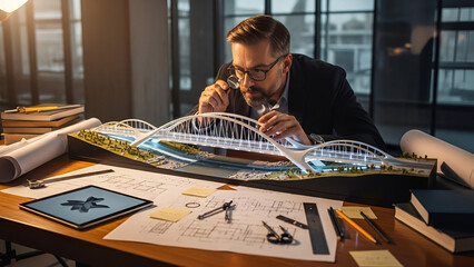 Man in glasses working on architectural bridge model with blueprints and tools on wooden desk in office with architecture and design and engineer and drafting and workspace with construction
