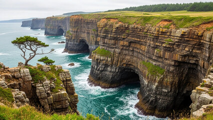 A scenic view of rugged cliffs with natural arches along a rocky coastline with turquoise sea and lush greenery under a cloudy sky with ocean