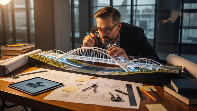 Man in glasses working on architectural bridge model with blueprints and tools on wooden desk in office with architecture and design and engineer and drafting and workspace with construction - Powered by Adobe