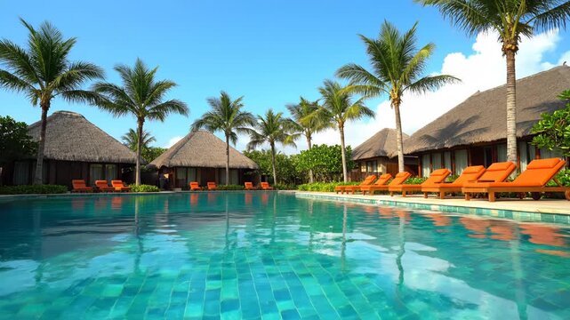 Luxurious pool with palm trees and thatched roof cabins 4K video
