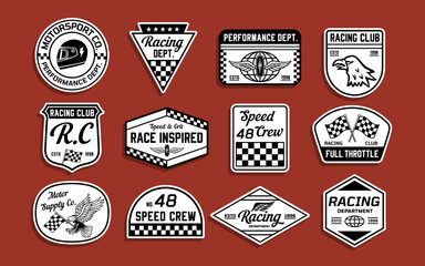 Racing badge vector set with motorsport logos, speed crew emblems, checkered flags, helmets, wings, and retro typography. Perfect for apparel, stickers, branding, and prints.