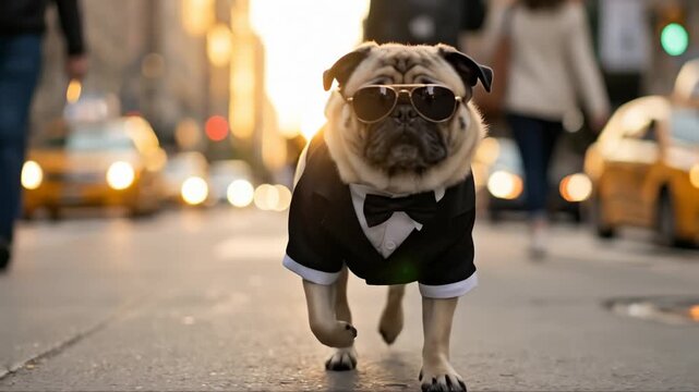 Pug in City Walks Forward Elegantly Stylishly