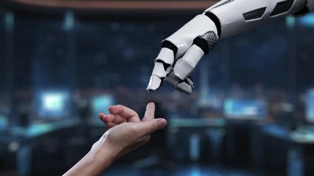 A robotic hand interacts with a digital globe, symbolizing the blend of technology and human connection in our interconnected world. The video conveys themes of innovation and collaboration. Auvana