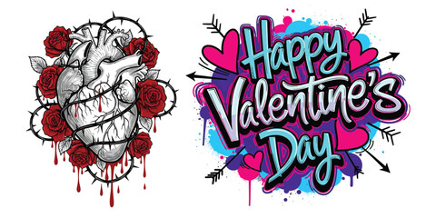 Anatomical heart with red roses and thorns dripping blood next to graffiti style happy valentines day text with hearts and arrows