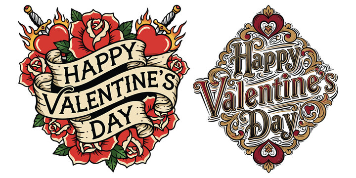 Tattoo style happy valentines day lettering with roses hearts and swords and ornate scrollwork love