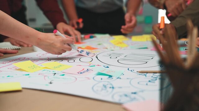 A group of diverse individuals engages in a dynamic brainstorming session, surrounded by colorful Post-It notes, as they generate innovative ideas for a project. SACTR