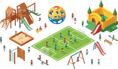 Isometric Kids Playground Scene with Outdoor Play Equipment, Soccer Field, Slides, Swings, Sandbox, and Children Enjoying Active Park Recreation © MstBobita