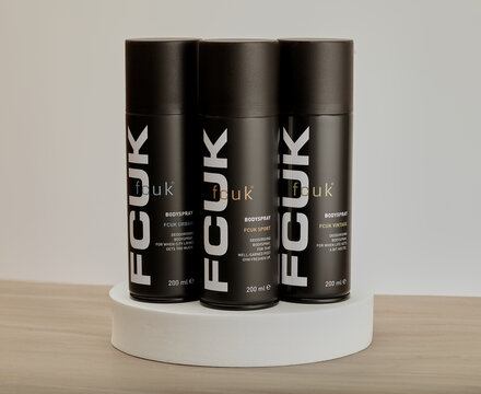 Mansfield,Nottingham,United Kingdom,8th January 2026:Studio product image of FCUK deodorants for men,The company is owned by MIP Holdings Ltd.