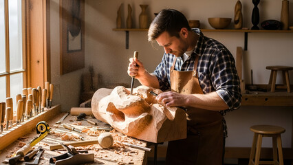Man in plaid shirt and apron carves wooden sculpture with chisel in workshop with various tools on table by window with woodworking and craft and art and creation and handmade with carpentry