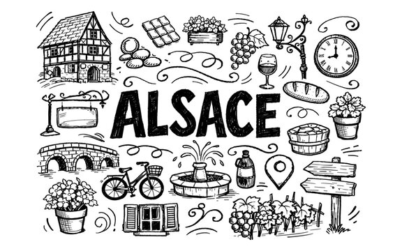 Hand-drawn doodle collage representing Alsace region with iconic elements