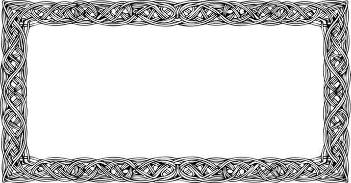 A Celtic knotwork border frame with a white background and intricate design silhouette