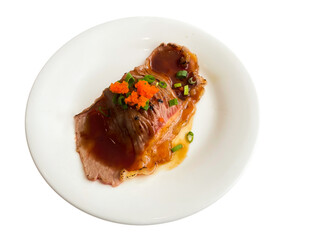  Seared Fish with Sauce and Tobiko on White Plate Isolated on White Background