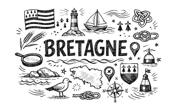 Hand-drawn illustration of Bretagne symbols and landmarks with the word Bretagne