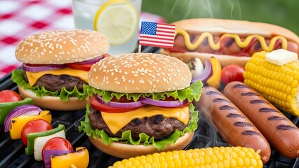 Delicious fourth of july bbq with burgers, hot dogs, and corn on the cob