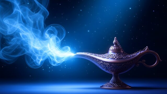 A mystical lamp emitting blue smoke on a dark background
