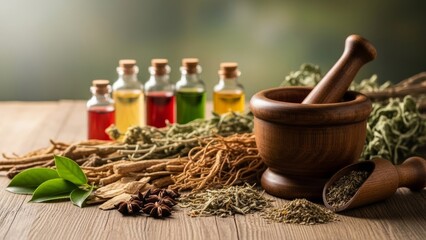 Traditional herbal remedies with mortar and pestle surrounded by natural botanicals and essential oils, emphasizing holistic wellness and natural healing