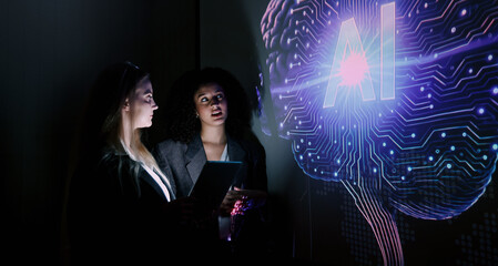 Ai using. Business team discussing and using artificial intelligence technology or Ai assistant. Futuristic innovation AI technology collaboration and ideas for future. Business Tech Startup meeting.