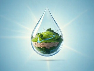3D illustration of a large water drop containing a green landscape with trees, winding rivers, and wind turbines. Sustainability, water conservation and ecology concept.