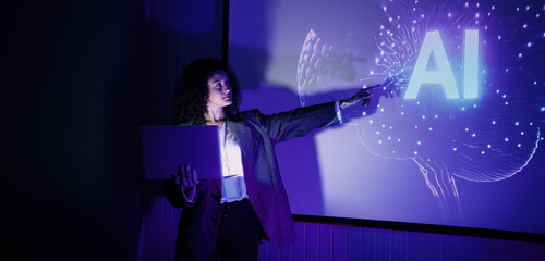 Ai using. Business team discussing and using artificial intelligence technology or Ai assistant. Futuristic innovation AI technology collaboration and ideas for future. Business Tech Startup meeting.