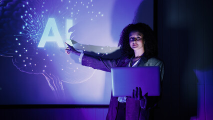 Ai using. Business team discussing and using artificial intelligence technology or Ai assistant. Futuristic innovation AI technology collaboration and ideas for future. Business Tech Startup meeting.